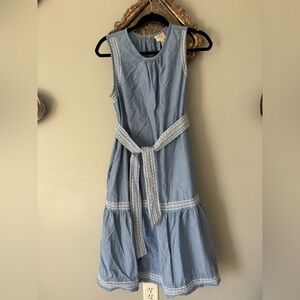 Blue Sleeveless cotton Belted Midi Dress with pockets and White Trim